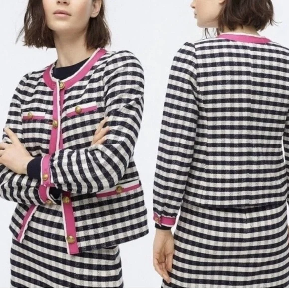 JCREW Navy Blue White Pink Gingham Check Plaid Ribbon Trim Lady Jacket Blazer - Picture 5 of 11
